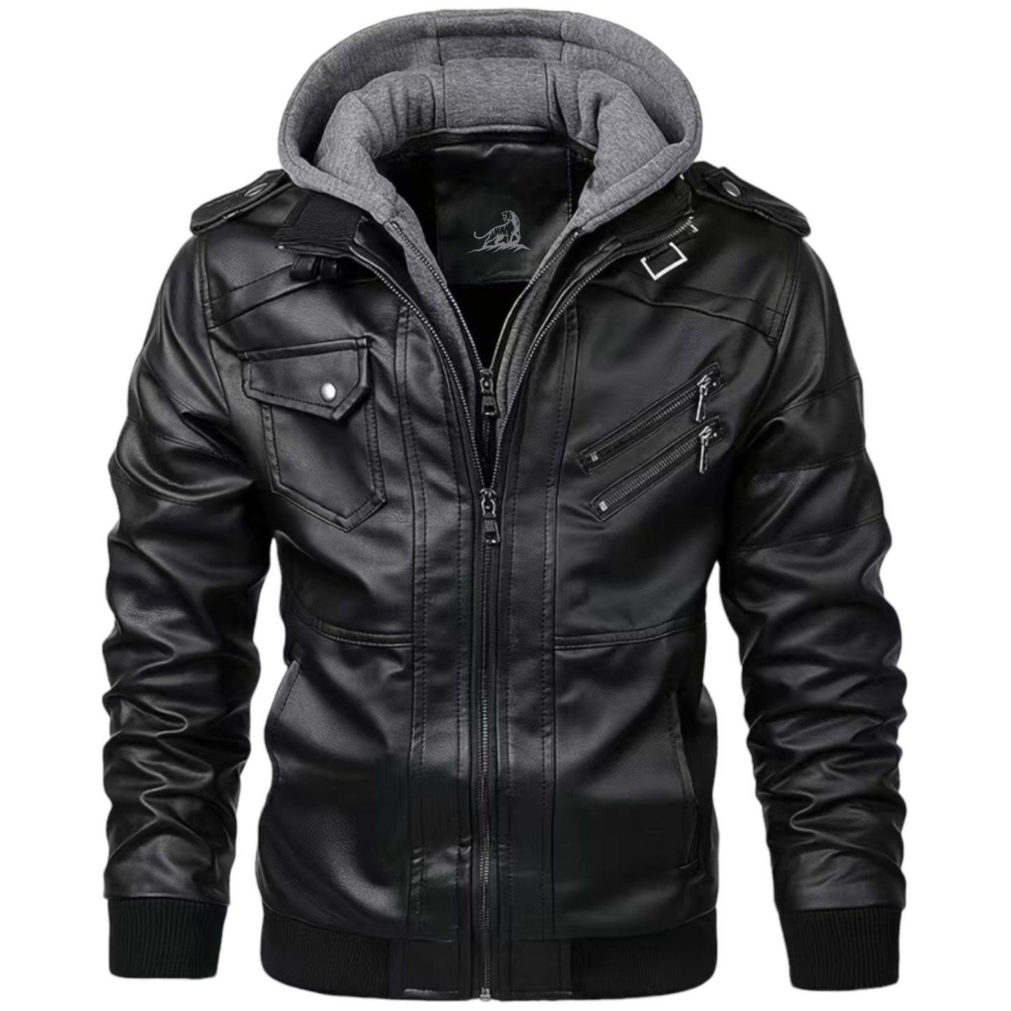 Chaqueta hombre de cuero con capucha y cremallera