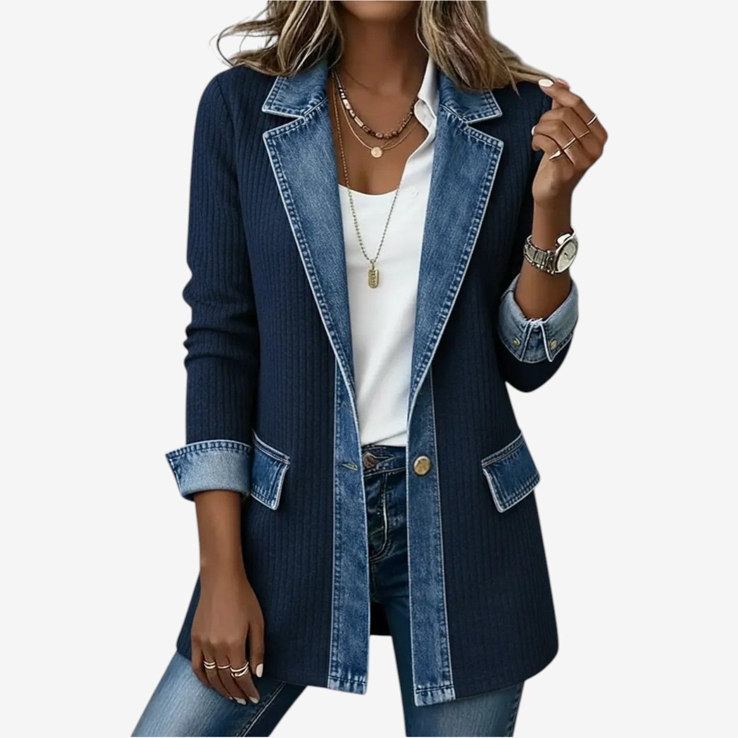 Chaqueta mujer de punto y mezclilla estilo casual moderno