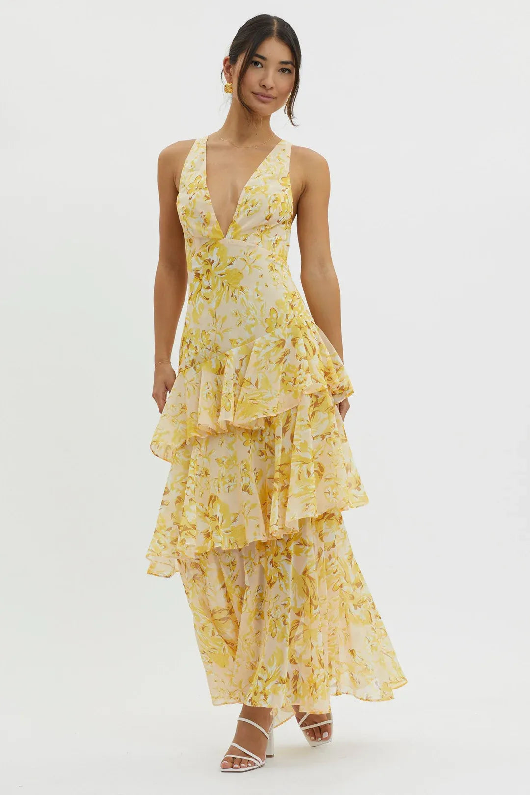 Vestido largo mujer de tela floral con volantes