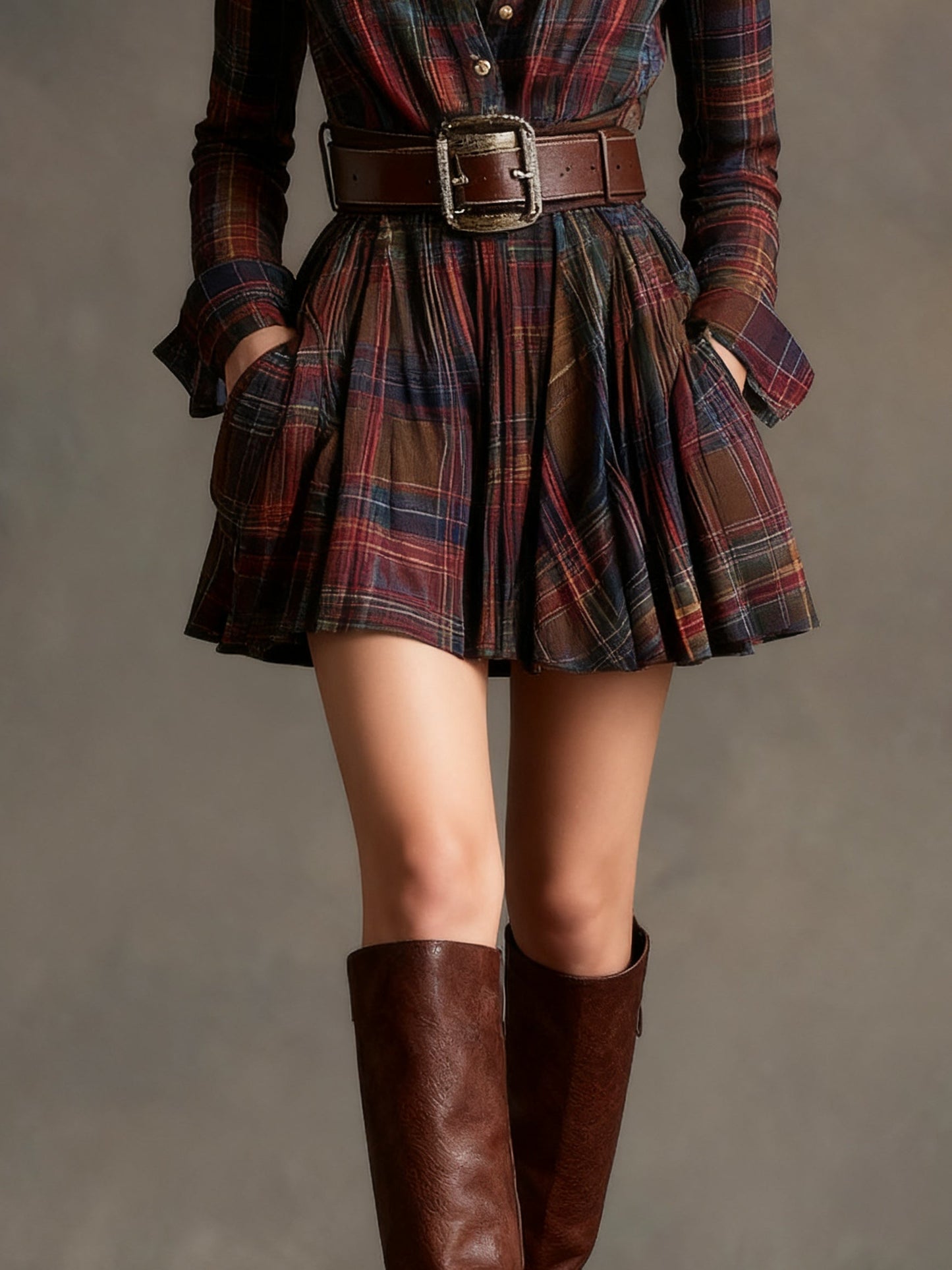 Vestido Corto Mujer Cuadros Algodón Camisero con Cinturón Ajustado