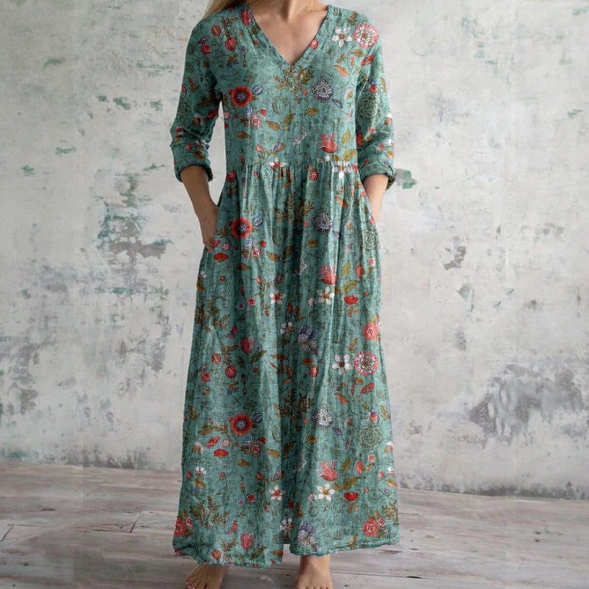 Vestido largo mujer con escote en V y mangas para invitada