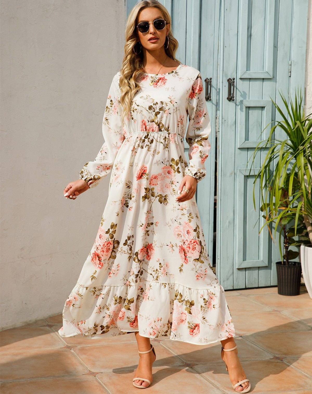 Vestido maxi mujer Manga larga Estampado floral Ajuste fluido - Mavetta