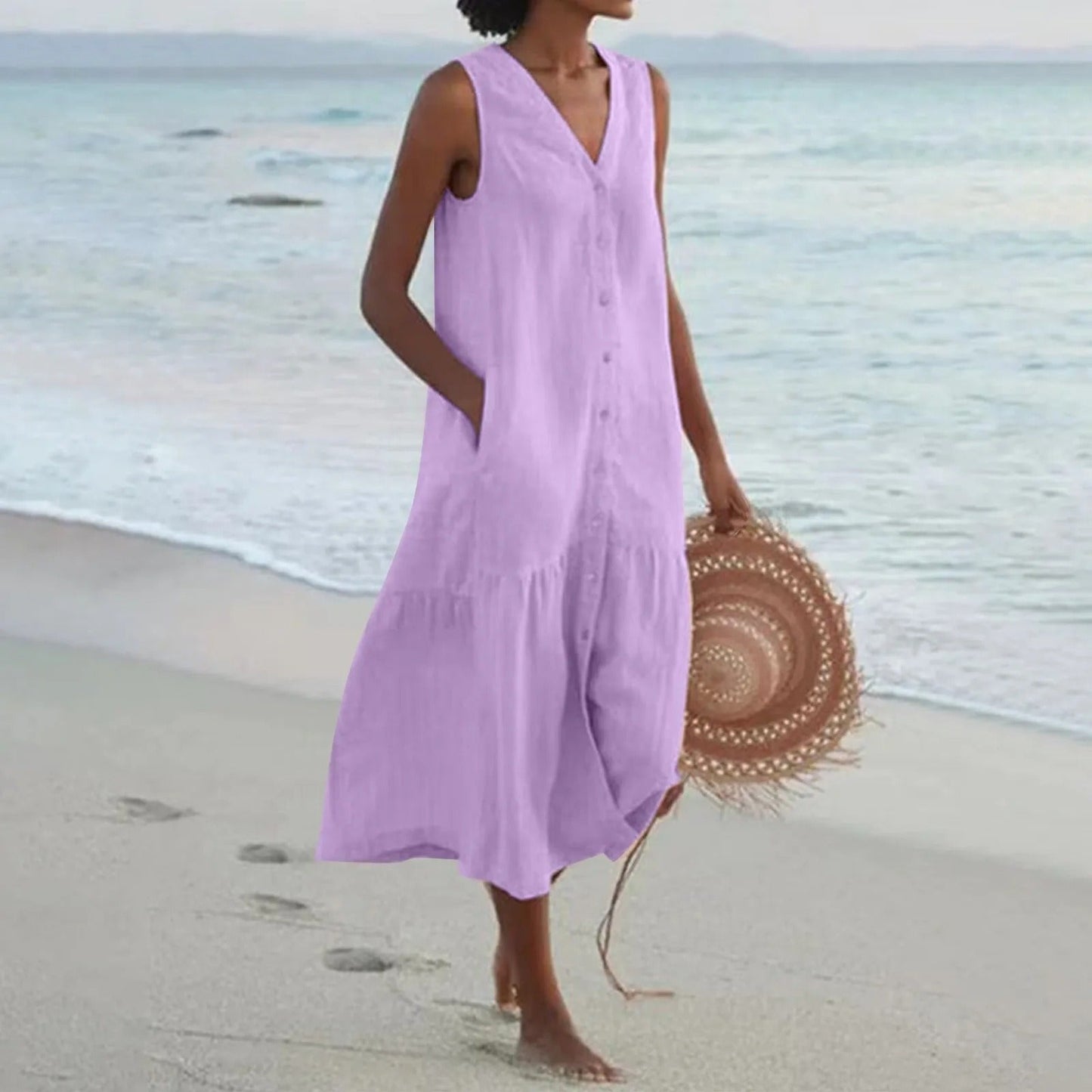 Vestido midi mujer de lino sin mangas con botonadura y vuelo en capas