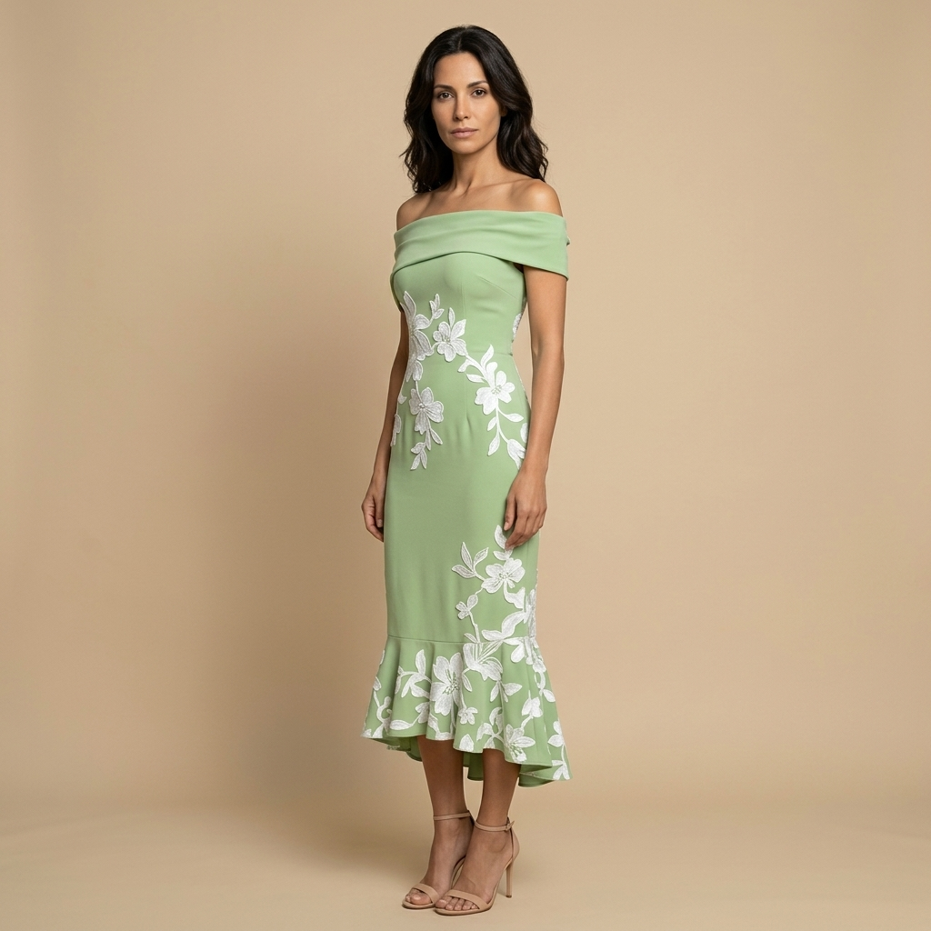 Vestido Midi Mujer Floral Asimétrico Hombros Descubiertos