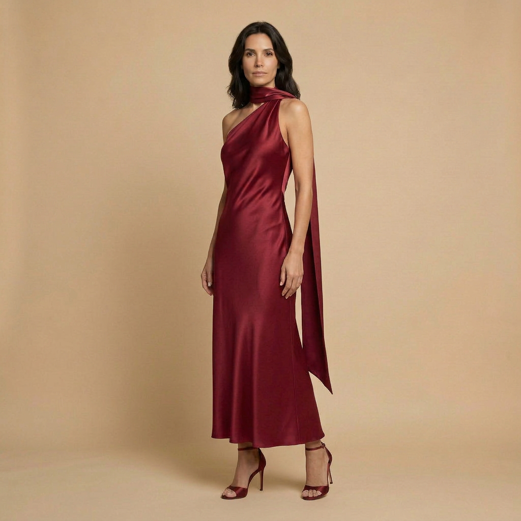 Vestido Largo Mujer Satinado Halter con Estola Integrada