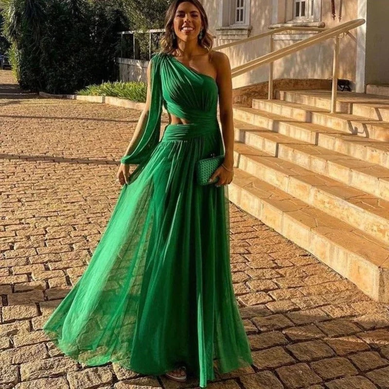 Vestido maxi mujer plisado hombro asimétrico