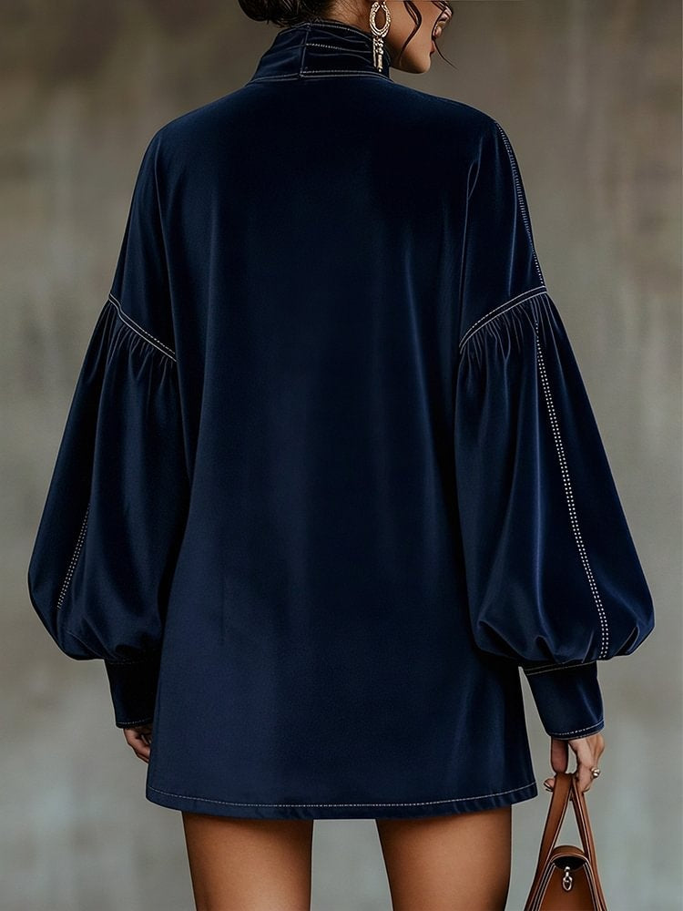 Vestido Mini Mujer de Terciopelo con Lazo y Mangas Abullonadas