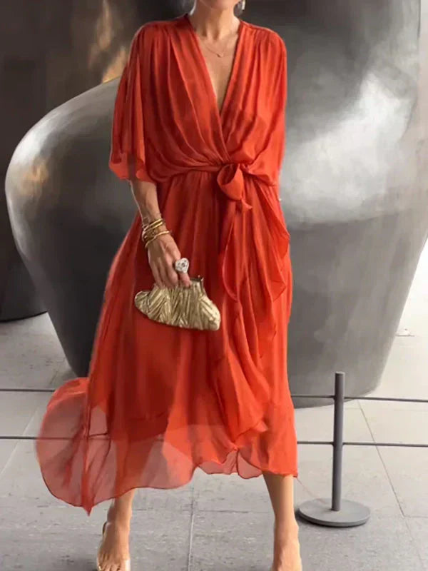 Vestido cruzado mujer Midi con cinturón y escote en pico