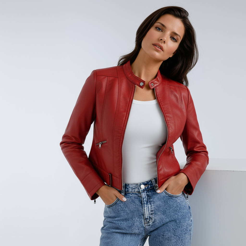 Cazadora Biker Mujer de Piel Sintética con Cremallera