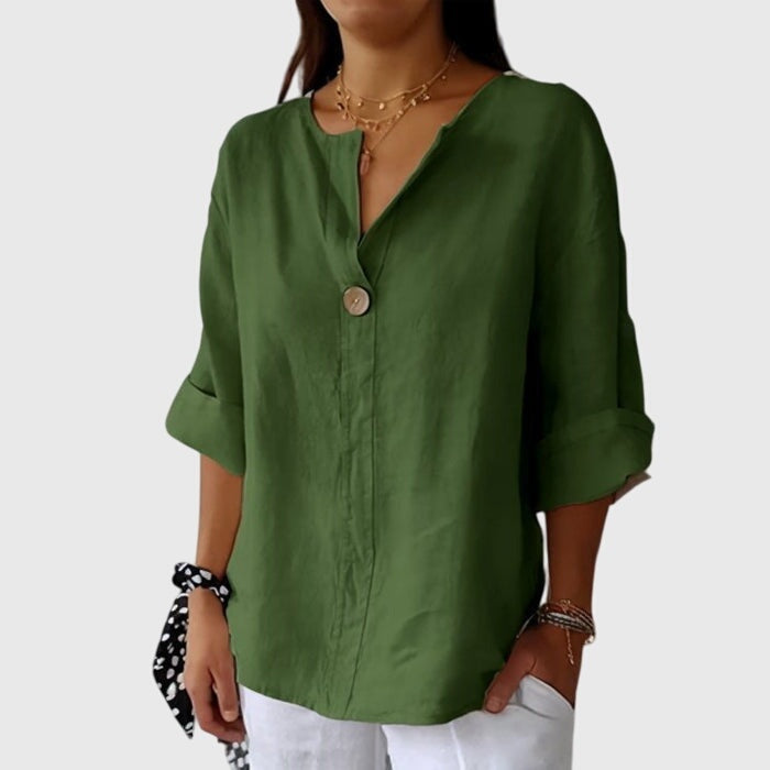 Blusa Mujer de Lino Botón Escote en V