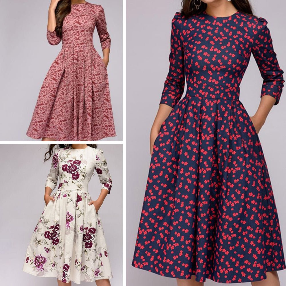 Vestido midi Mujer de Tela Estampada Cuello Redondo