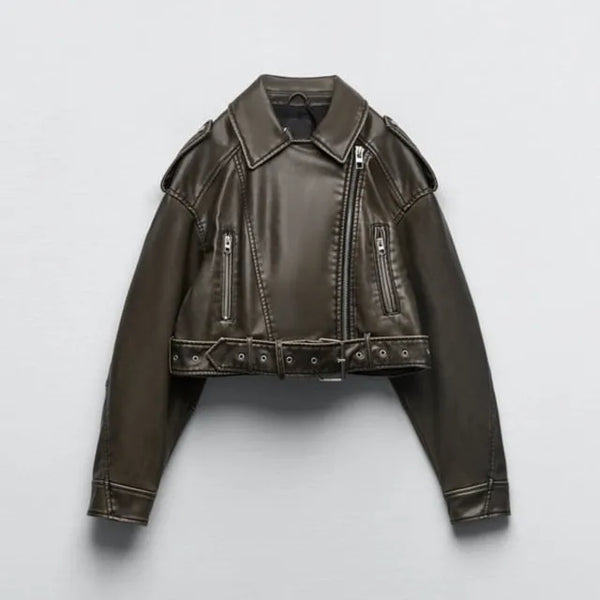 Chaqueta Biker Mujer Efecto Cuero Corta Cremallera Asimétrica