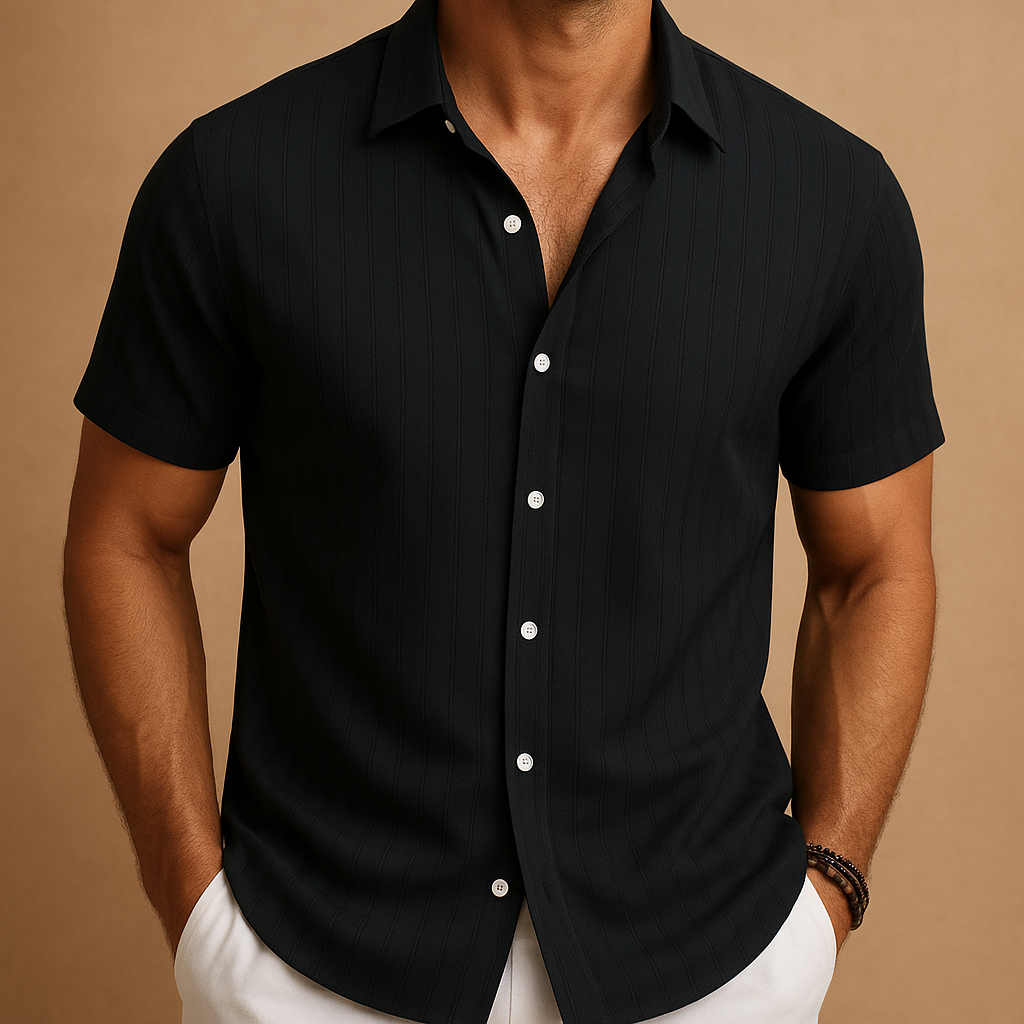 Camisa Hombre Algodón y Lino Manga Corta Cuello Vuelto