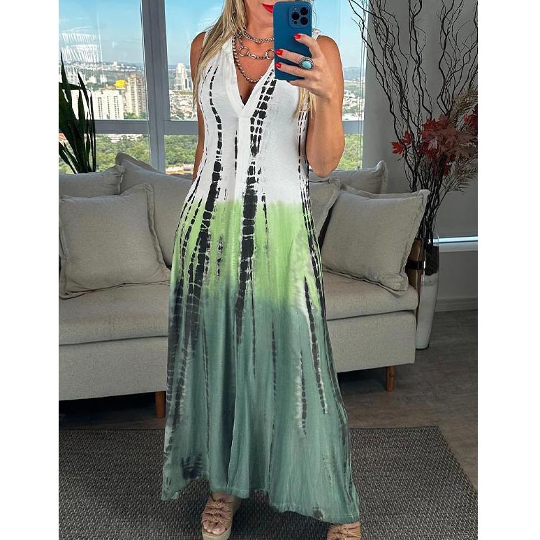 Vestido Mujer Sin Mangas Cuello en V Estampado Tie Dye
