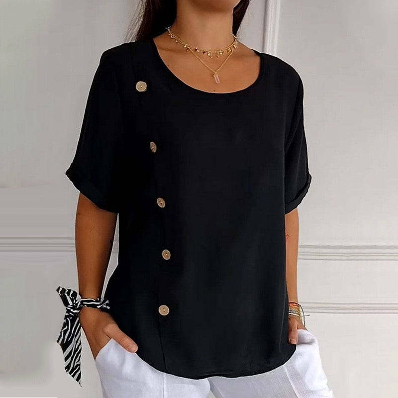 Blusa mujer de lino cuello redondo oversize botones laterales