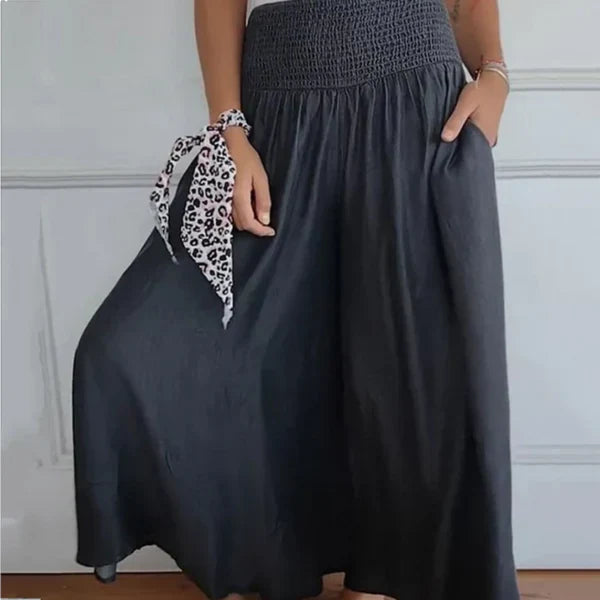 Pantalón ancho mujer de tela ligera cintura fruncida bolsillos