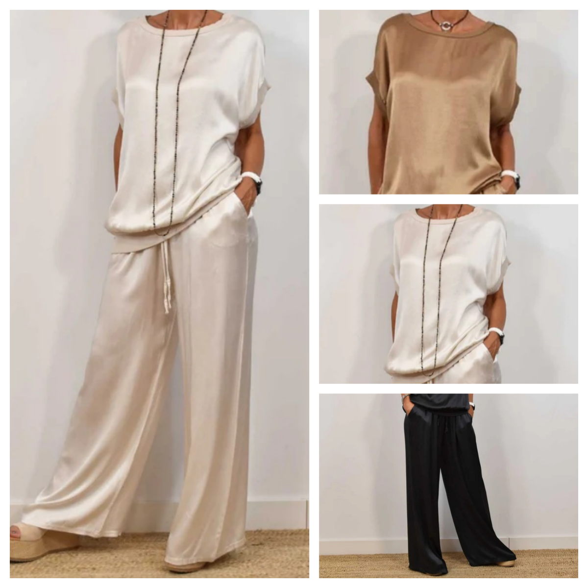 Conjunto Mujer de Satén y Pantalón de Pierna Ancha