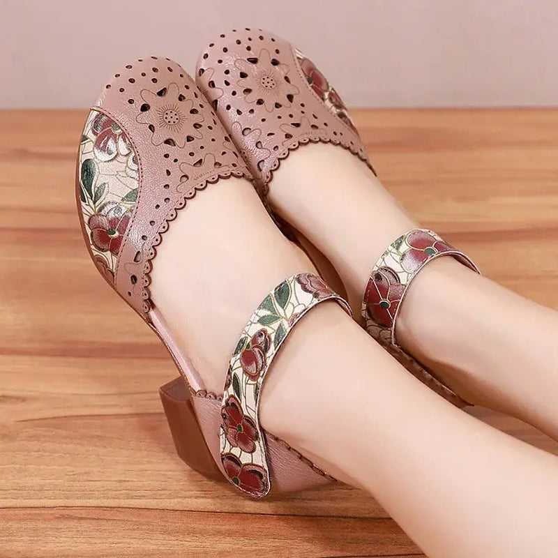 Zapatos mujer tacón bloque cuero perforado tira velcro estilo retro