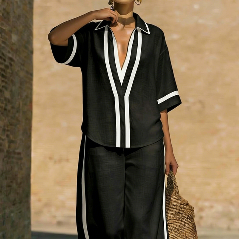 Conjunto Mujer de Lino Blusa Cuello en V Pantalón Ancho