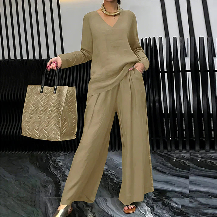 Conjunto Mujer Cuello en V Pantalones Pierna Ancha Comodos