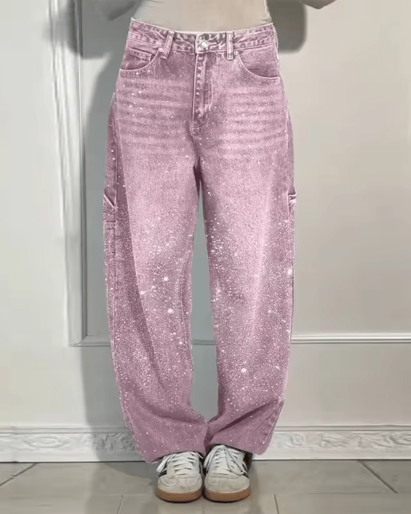 Jeans Mujer Corte Globo con Brillo Estilo Carpenter