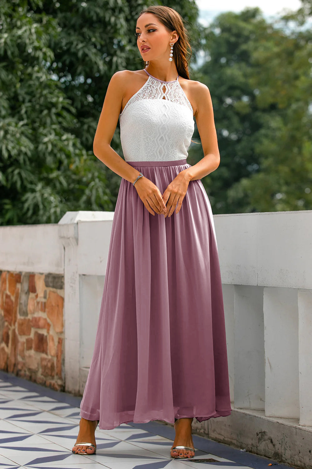 Vestido maxi mujer de gasa cuello halter para invitada