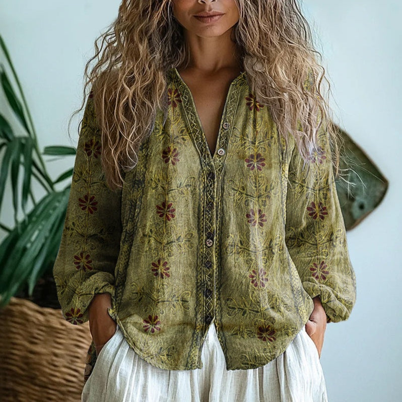 Blusa Mujer Bordada Manga Larga Escote en V