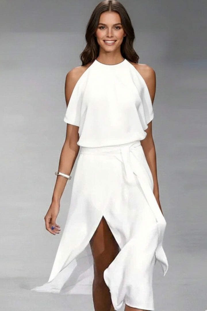 Vestido Midi Mujer Asimétrico Halter con Cinturón