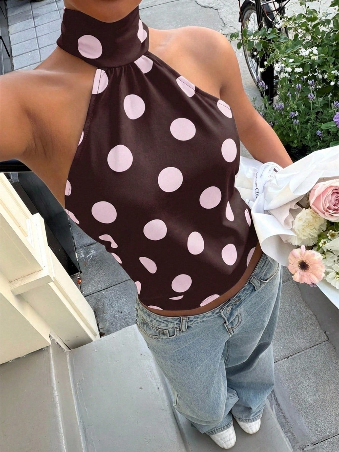 Halter Mujer de Lunares Cuello Alto Espalda Descubierta