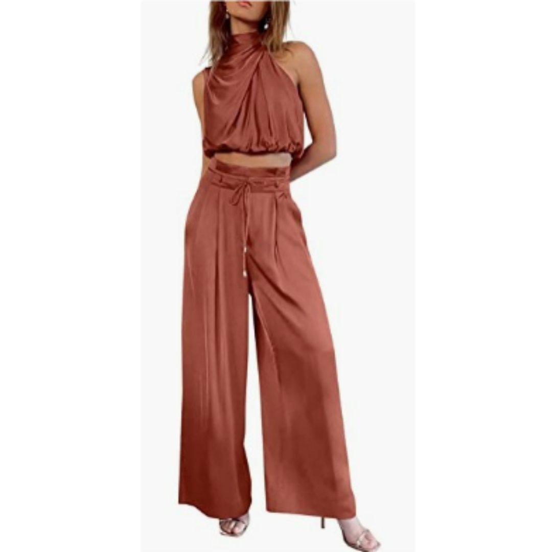 Conjunto Mujer Crop Cuello Alto y Pantalón Palazzo