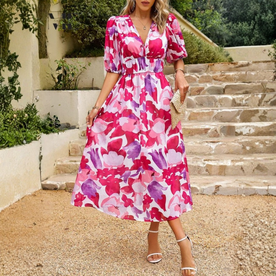 Vestido Midi Mujer Estampado Floral Escote en V