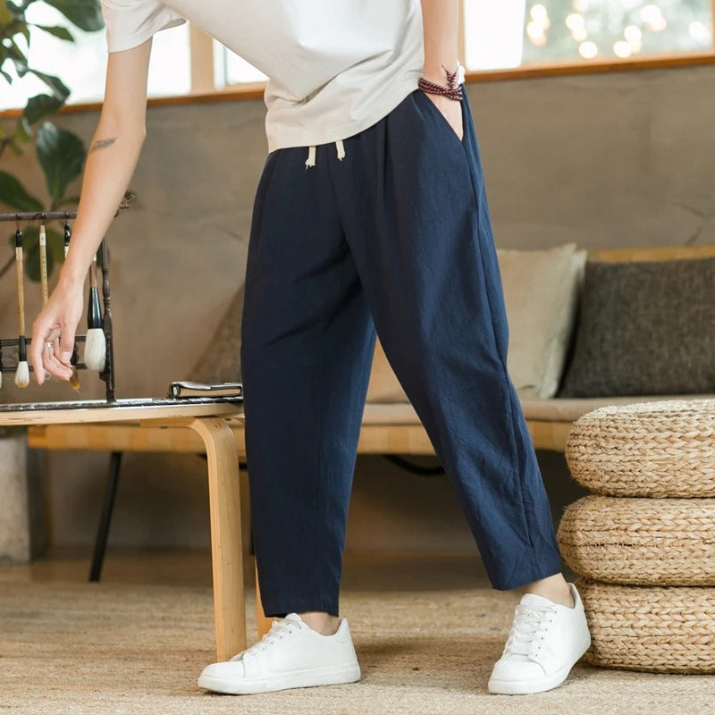 Pantalones Hombre de Lino Cintura Elástica Corte Tapered