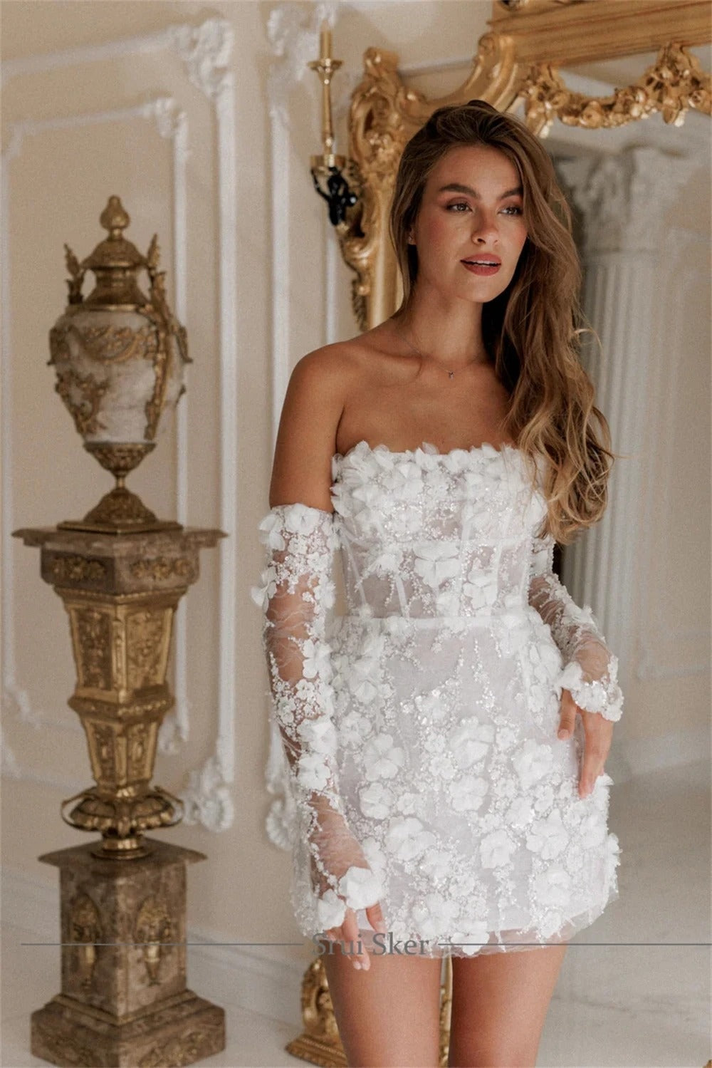 Vestido Corto de Novia Civil con Flores 3D Mujer Encaje