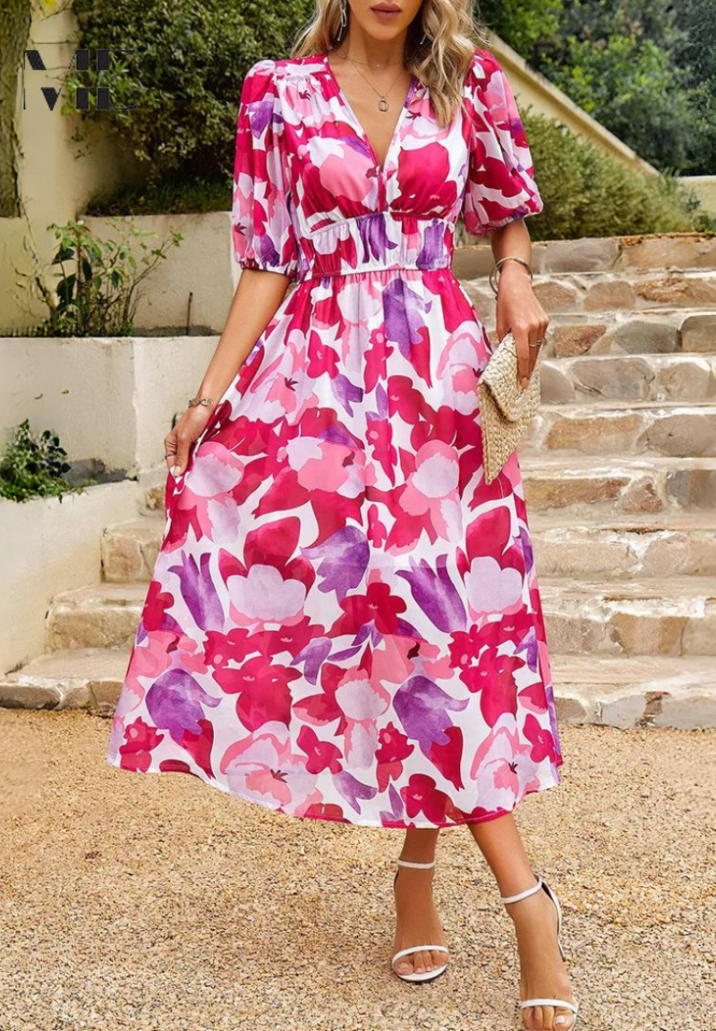 Vestido midi mujer con escote en V y estampado floral
