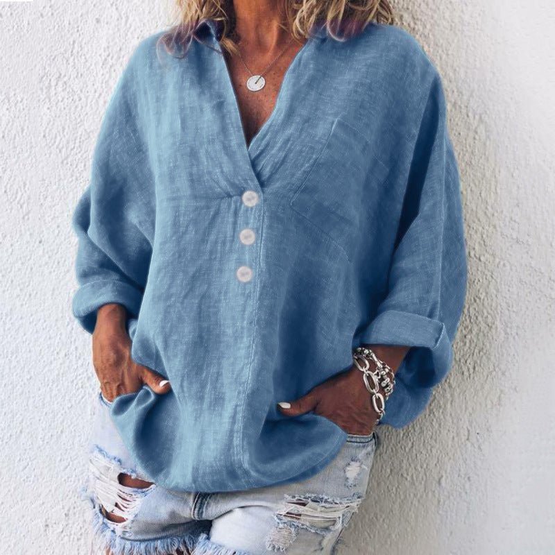 Blusa mujer de lino con botones escote en V y mangas largas vuelta