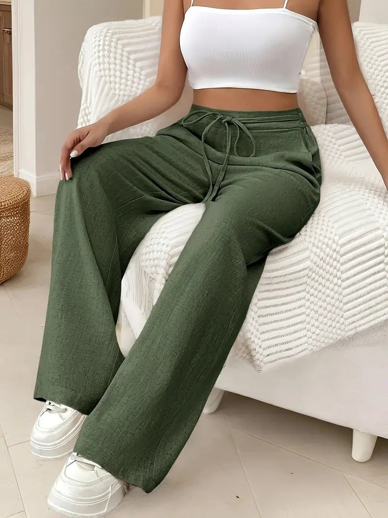 Pantalones Anchos Mujer de Lino Talle Alto con Cordón Ajustable