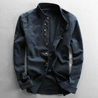 Camisa Hombre Algodón y Lino Cuello Mao Manga Larga Slim Fit - Mavetta