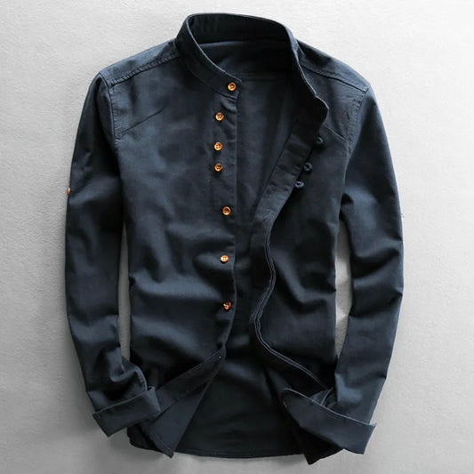Camisa Hombre Algodón y Lino Cuello Mao Manga Larga Slim Fit - Mavetta