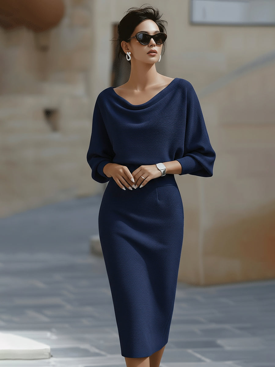 Vestido midi mujer con manga media y cuello drapeado ajustado