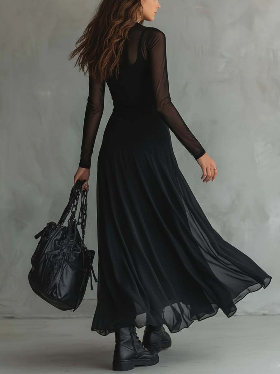 Vestido Maxi Mujer Gasa Mangas Transparentes Ajuste Elegante