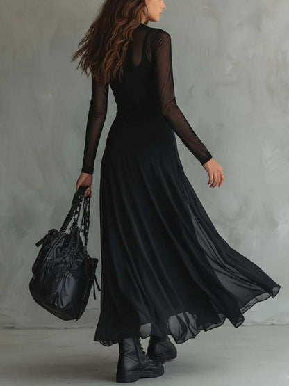 Vestido Maxi Mujer Gasa Mangas Transparentes Ajuste Elegante