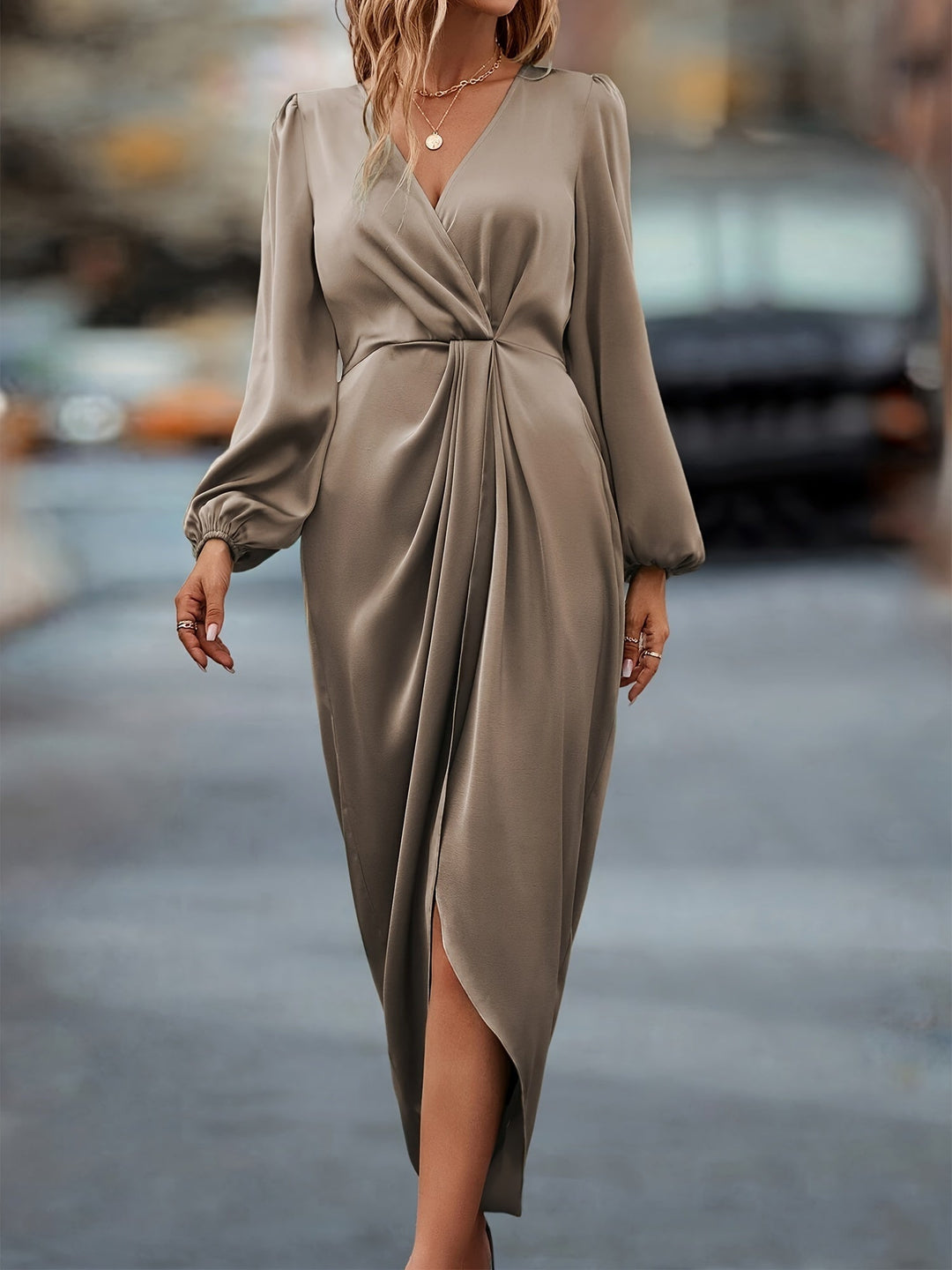 Vestido Midi Mujer Cruzado de Manga Larga