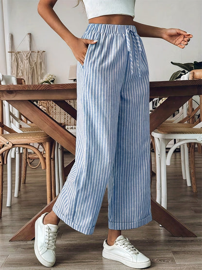 Pantalón Mujer de Rayas Algodón Ajuste Recto Cintura Elástica