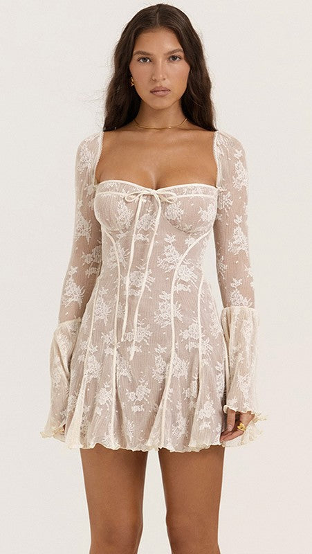 Vestido Corto Mujer de Encaje Ajustado Cuello Cuadrado Manga Larga - Mavetta