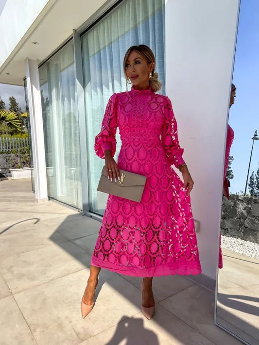 Vestido midi mujer de encaje manga larga cuello alto - Mavetta
