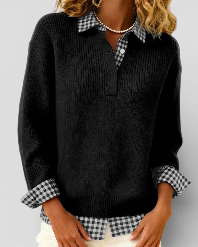 Jersey Mujer de Punto con Detalle de Camisa Cuadros