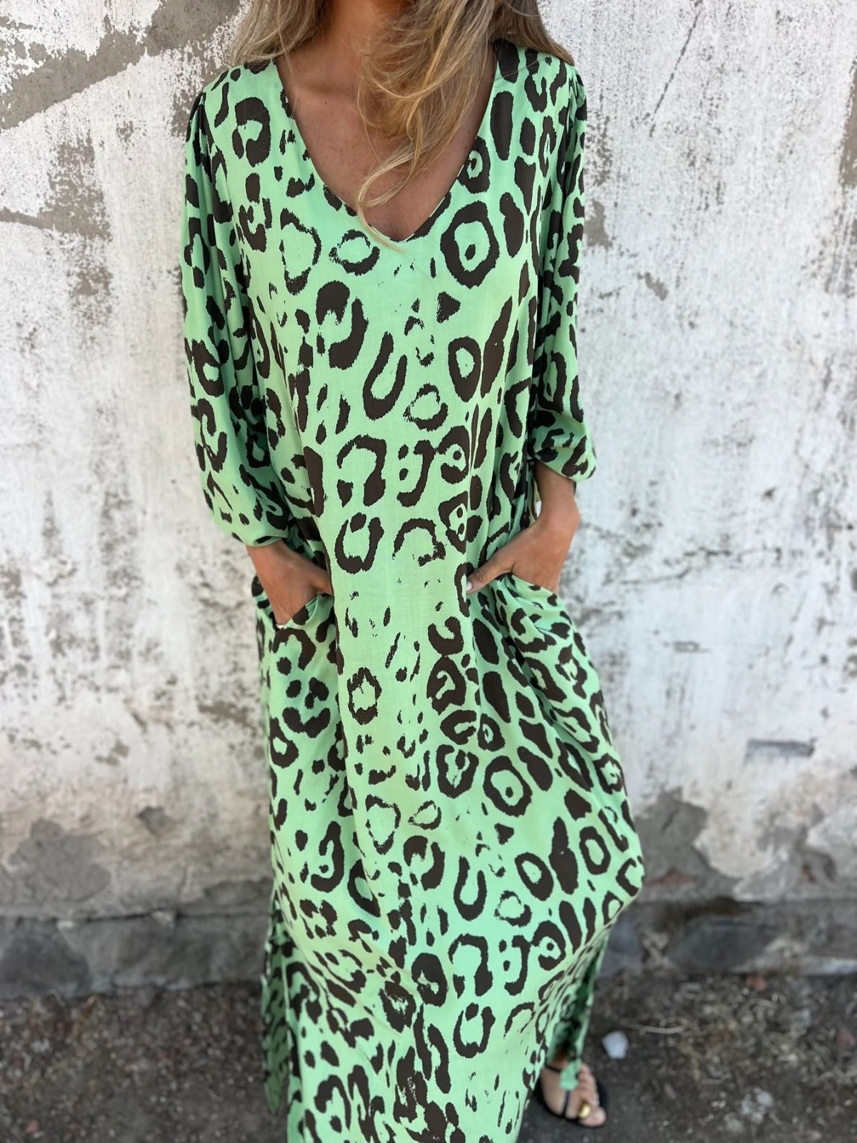 Vestido mujer Estampado animal Escote en V Bolsillos laterales