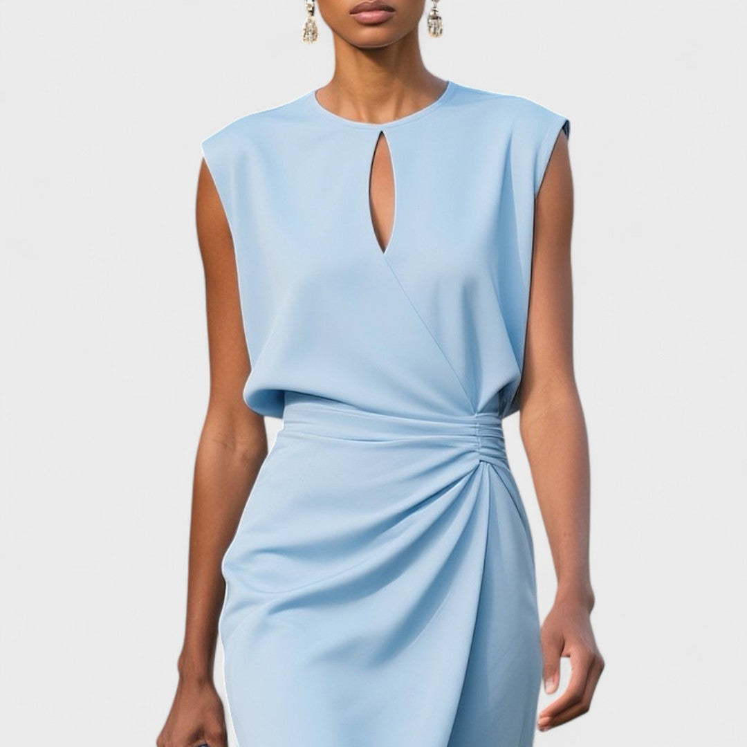 Vestido Midi Mujer Cruzado con Pliegues y Cuello Redondo