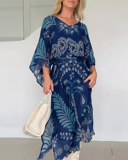 Vestido maxi mujer fluido estampado hojas estilo bohemio