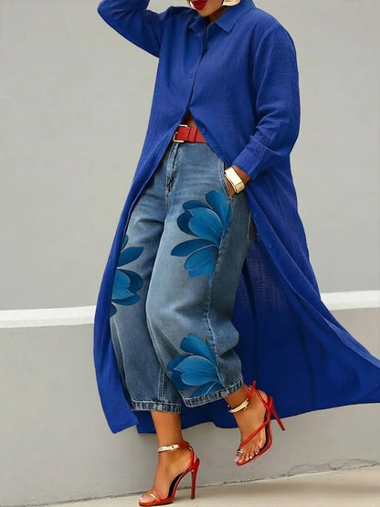 Conjunto Mujer Camisa Larga y Jeans Estampado Floral